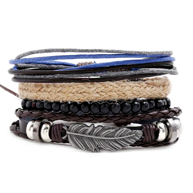 

4Pcs/Set Explosive Accessories Retro Leaf Leather Suit Bracelet Multi-layer Hemp Rope Woven Men's Bracelet Bracelet
