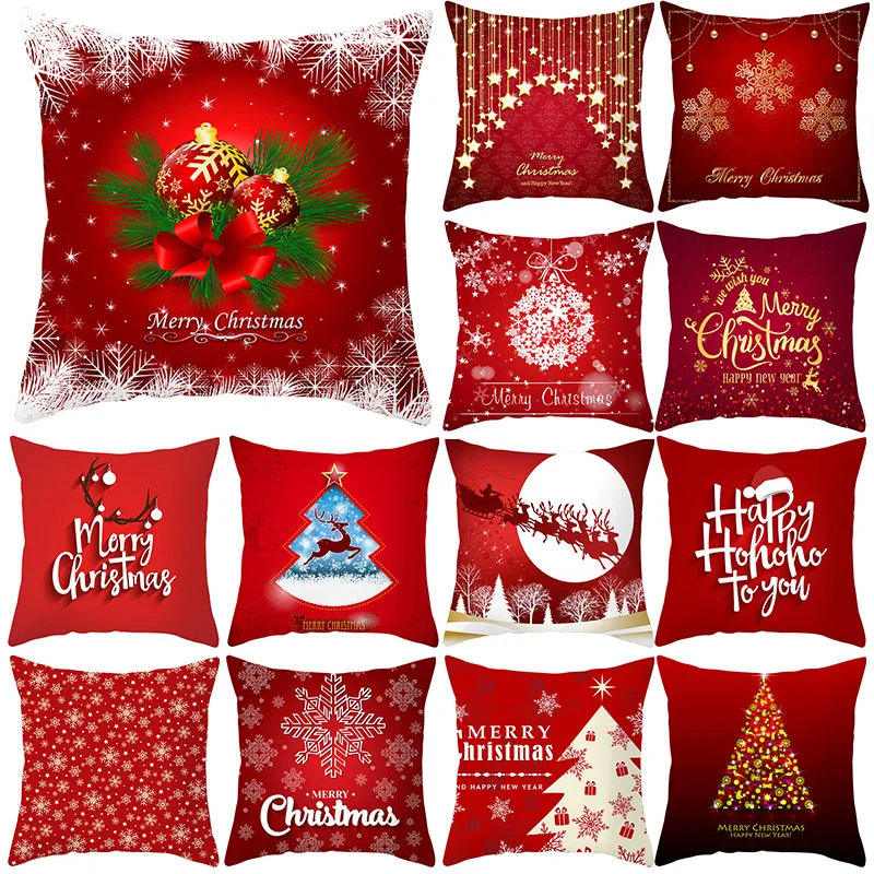 

Red Christmas Cushion Cover 45X45 Christmas Tree Deer Pillowcase Home Sofa Cushions Snowflake Decorative New Year Throw Pillows