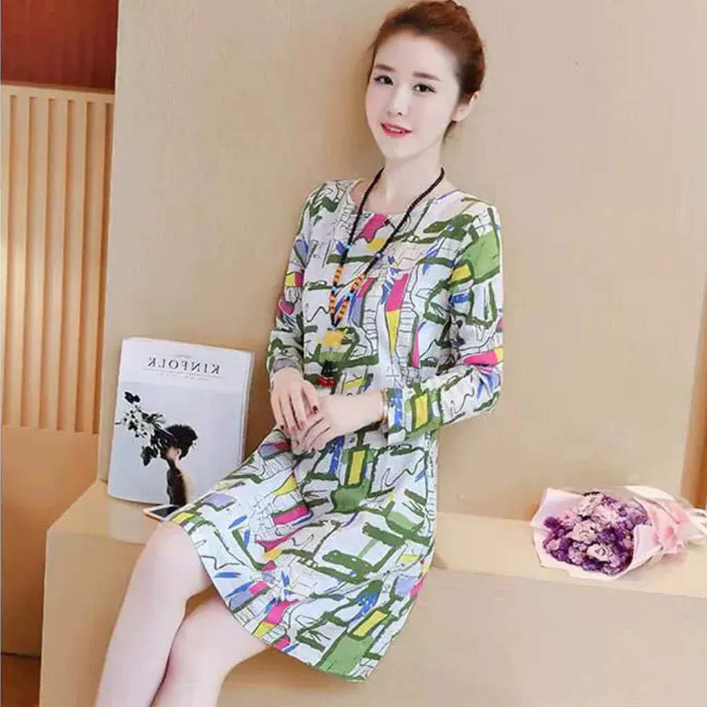 Новинка женское платье с длинным рукавом и круглым вырезом цветочным принтом