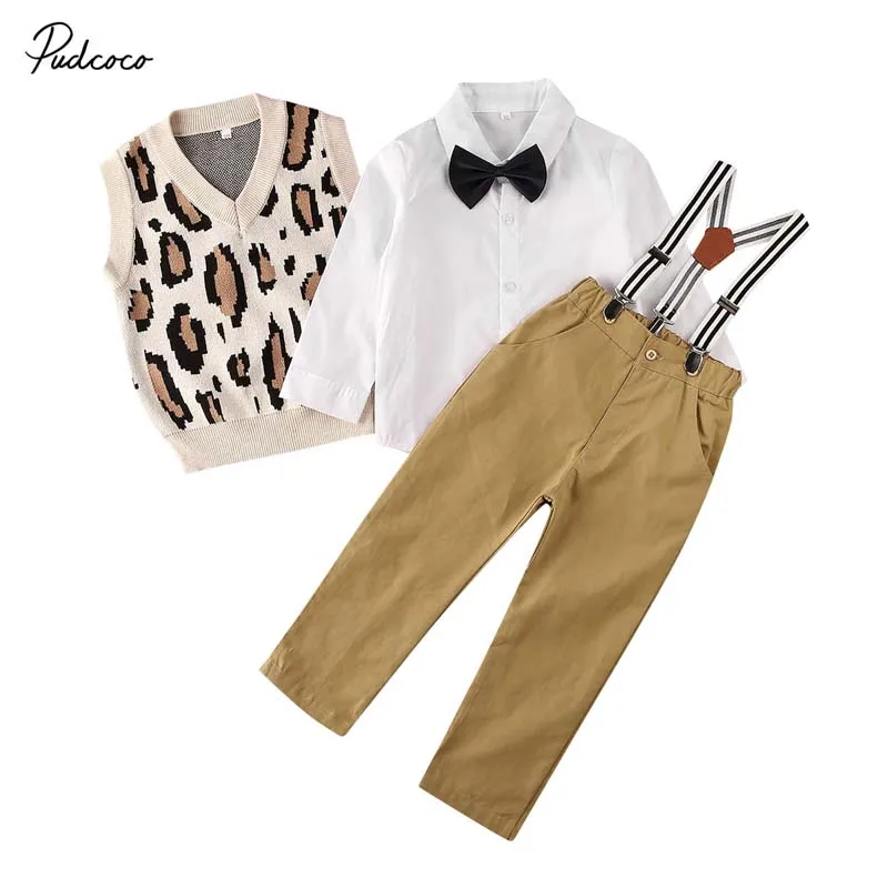 2019 Baby Spring Autumn Clothing Toddler Kid Boy Leopard Vest +Longsleeve Bow Tie Shirts +Overeall Pants Gentlemen Set 2-5T | Детская
