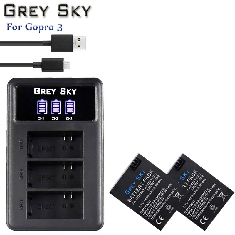 charger and 2battery Bateria Gopro hero 3 hero 3 3+ батарея+ светодиодный 3-слоты USB зарядное устройство для GoPro hero 3 черный/серебристый/белый аксессуары для экшн-камеры - Цвет: charger and 2battery