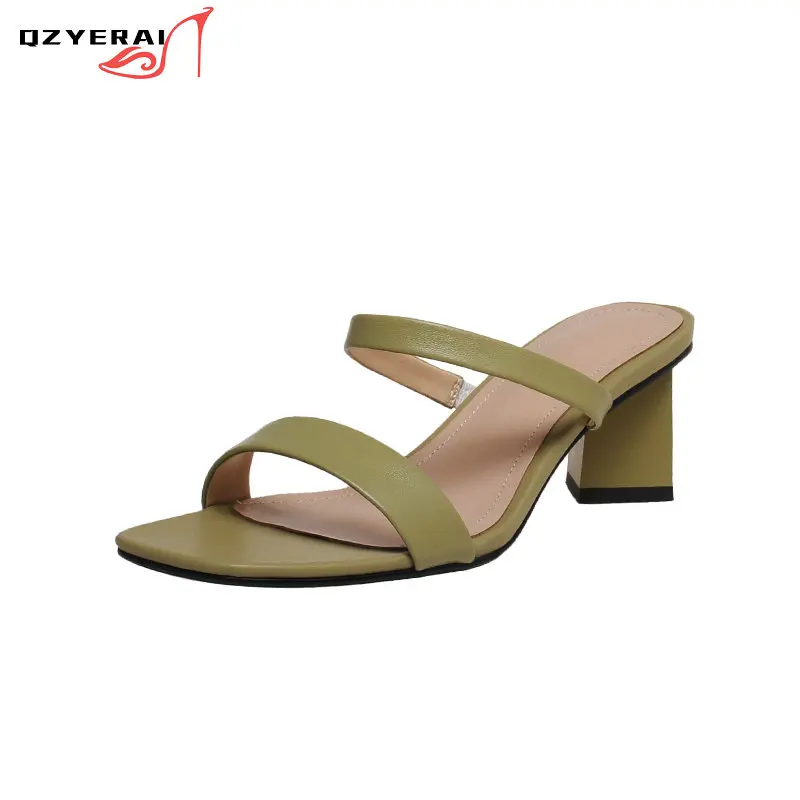 

2021 Summer Latest Designs Women Slippers Sandals Genuine Leather High Heels Fashion Party Shoes Cowhide Material