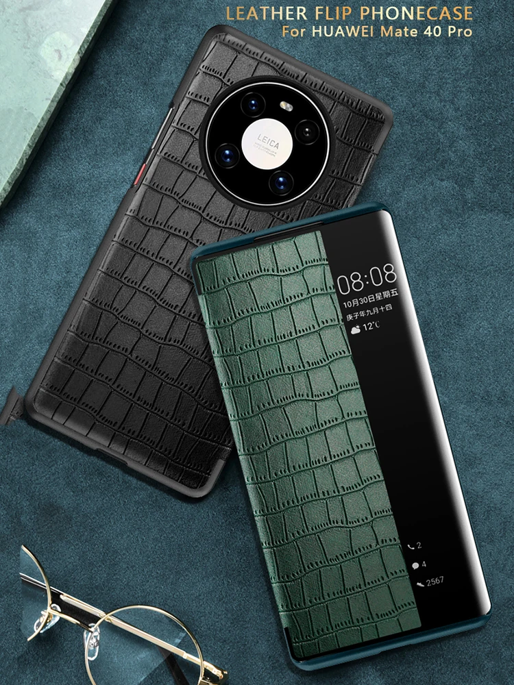 

Crocodile Smart View Leather Flip Cover Case For Huawei Mate 40 Pro Plus RS Mate 30 Mate 20 P50 P40 P30 Pro Honor 60 50 Nova 9 8