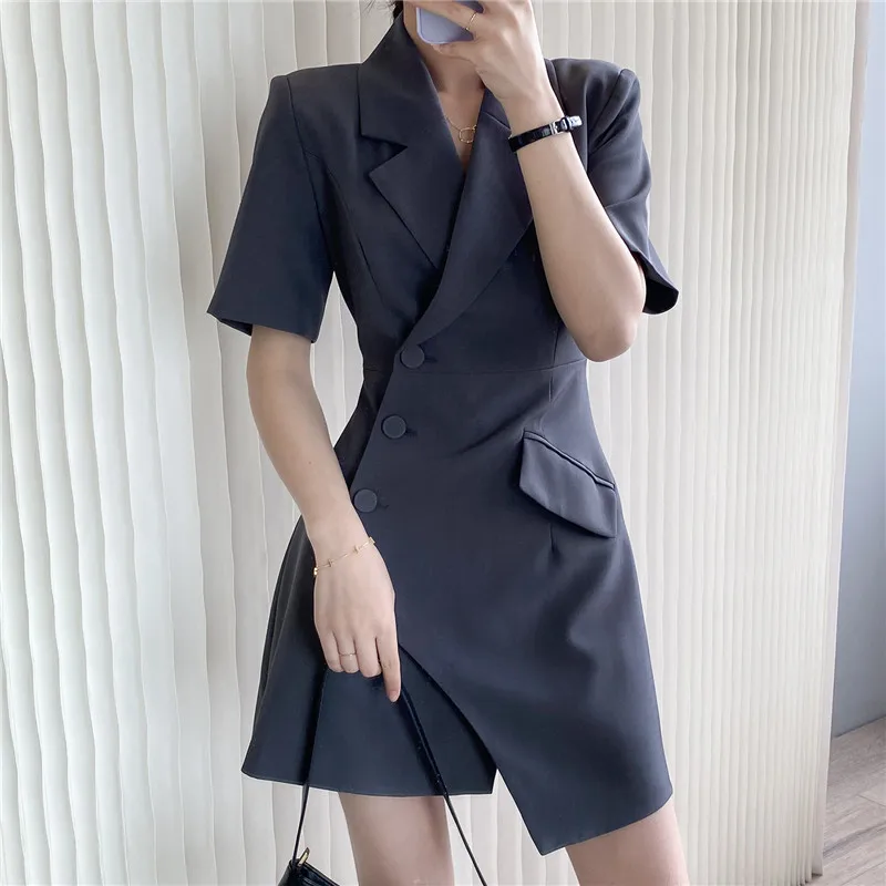 

Korean Women Irregular Elegant Office Ladies Suit Dress Spring Summer 2021 New Lapel Short Sleeve Blazers Dress Vestidos Female