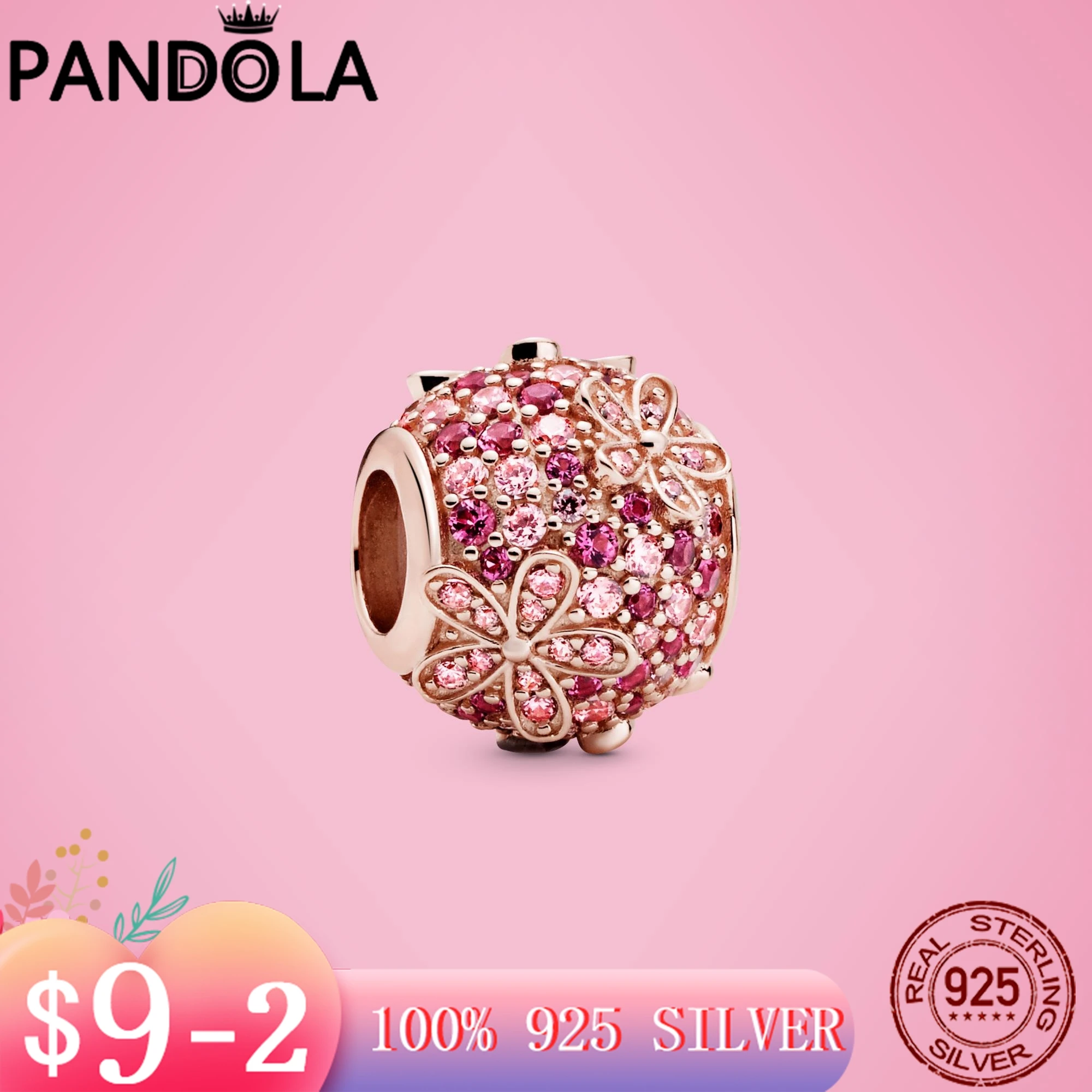 

High Quality Real 925 Sterling Silver Spinning Pink Pave Daisy Flower Charms Beads Fit Original Pandora Bracelet Jewelry Gift