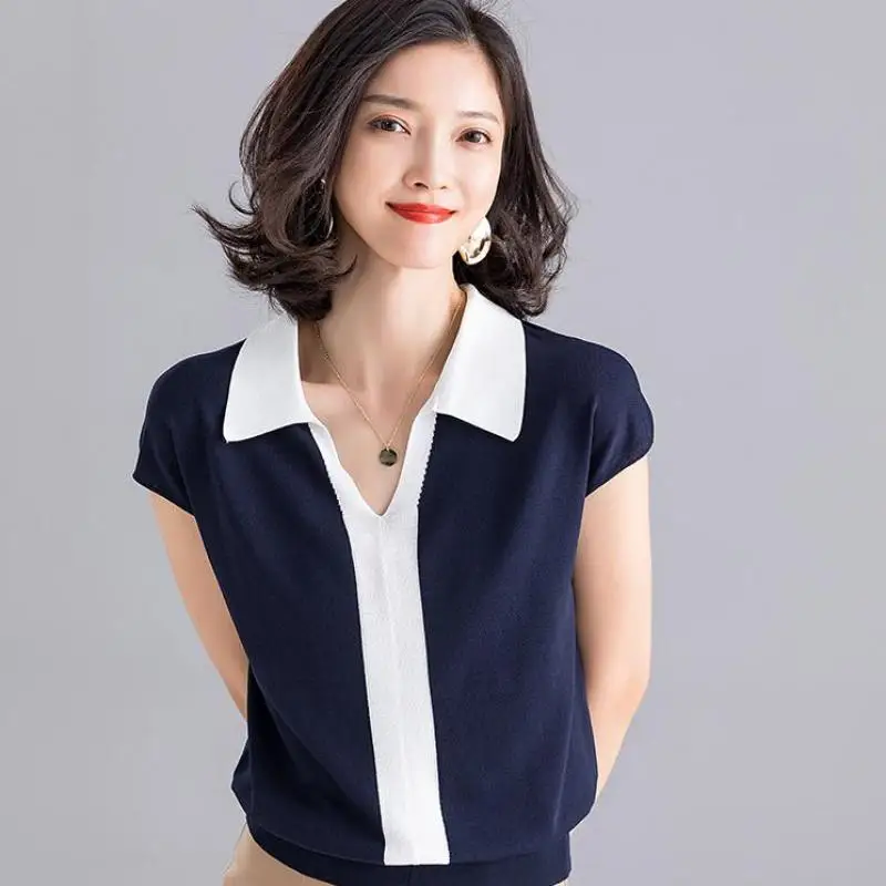 Summer Autumn Office Lady Knitted Sweater Turn-down Collar 3 Color Fashion Pullover Patchwork Size S-xl Women | Женская одежда