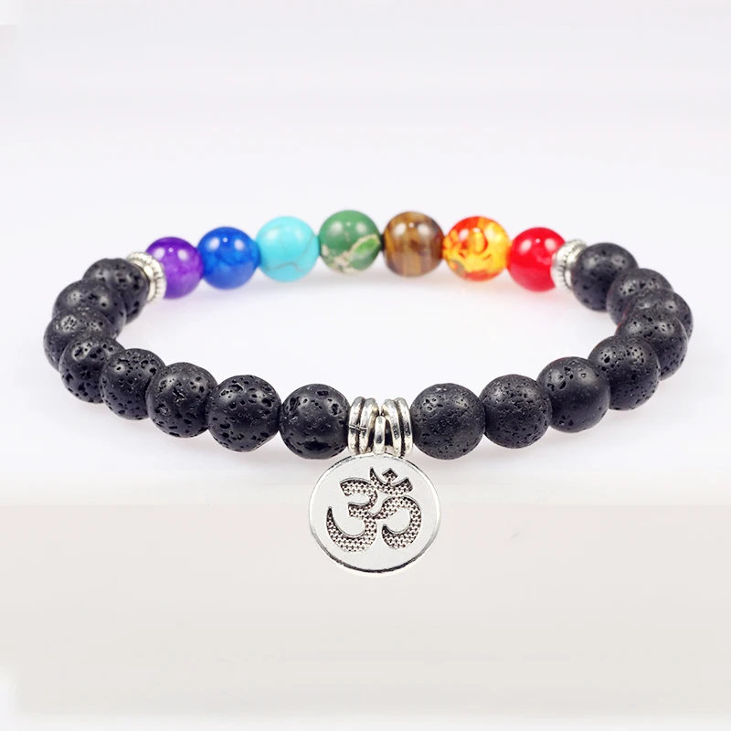 Мужской браслет из 7 бусин чакры натуральная черная лава кулон тигрового глаза с