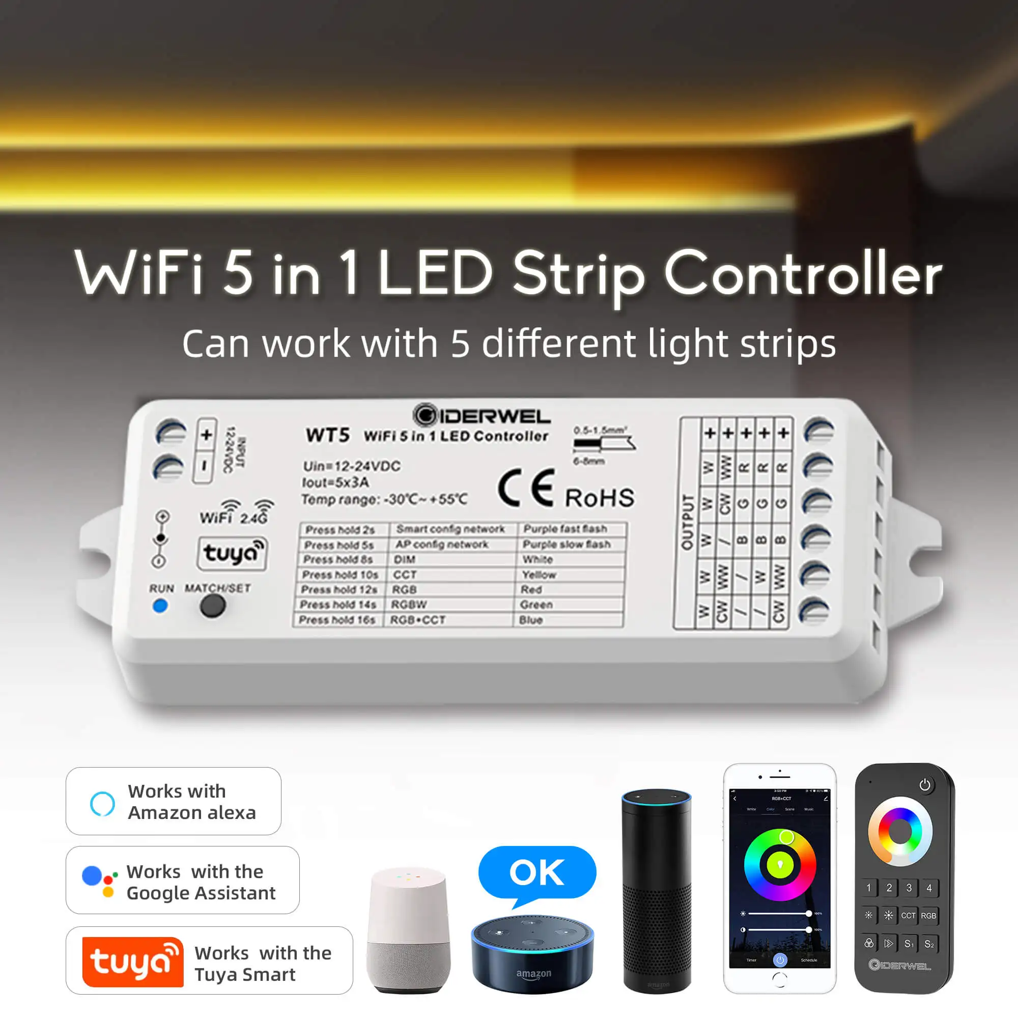 Wifi LED RGBCCT Light Strip 5 in 1 Dimmer Controller Tuya Alexa Voice Cloudy 2.4G RF Remote Control WT5 work with Alexa 12V/24V