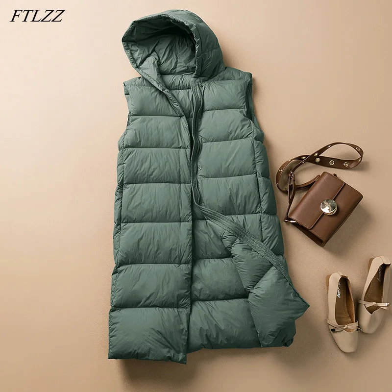 FTLZZ Winter Hooded Warm Feather Vest Jacket Women Light Down Sleeveless Coat Loose Fluffy Thick Underwaist Solid Color Outwear