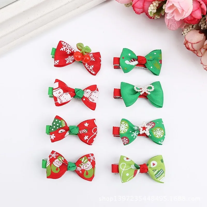 2 unids/set de lazos de fiesta para ni&ntilde;a, pinzas para el pelo con estampado navide&ntilde;o, accesorios coreanos para el cabello, horquillas, pasador, pinzas para el pelo con flores bonitas-3