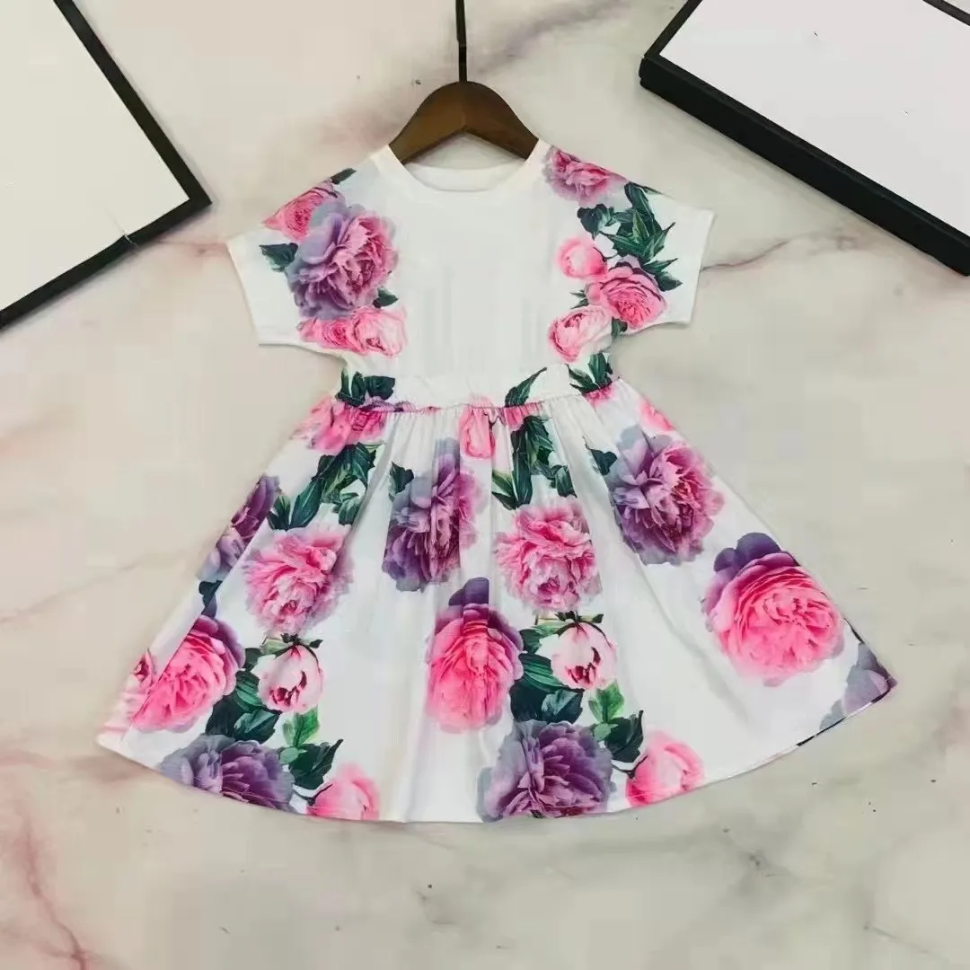 

2021 Summer Rose Flower Short Sleeve Letter Printed front Girls Dress For Kids Clothing Outwear Brand Boutique 2T-12T