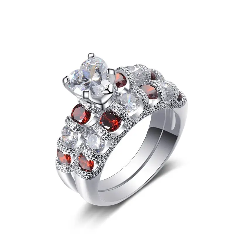 Кольца с фианитом и красным кристаллом ювелирные изделия в форме сердца для