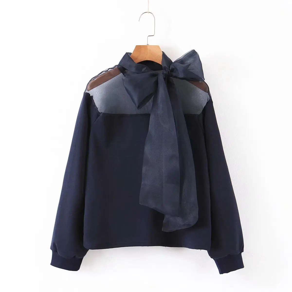 

Spring Autumn Women's Fashion Slim Semi-Perspective Top Net Yarn Stitching Top Bow Neckline