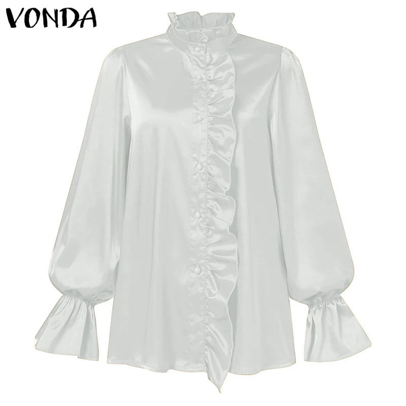 

Women Elegant Puff Sleeve Tops Sexy Party Blouse 2021 VONDA Casual Stand Collar Long Sleeve Tops Women'Tunic Femininas