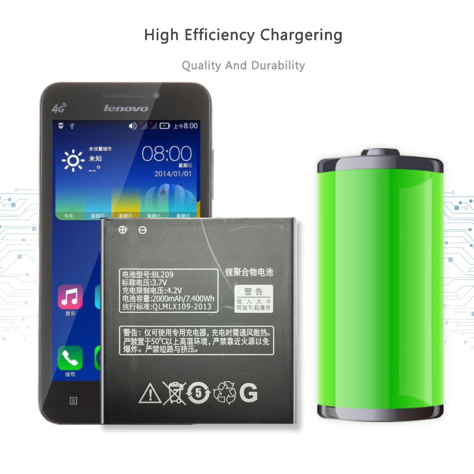 

2000mAh BL209 Replacement Battery for Lenovo A516 A706 A760 A820E A378T A398T A788T with Track Code