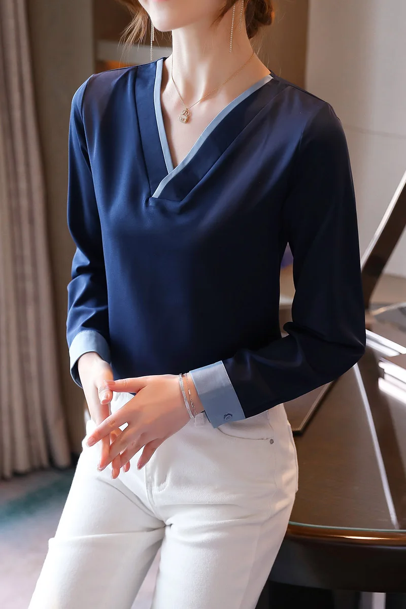 

COIGARSAM Chiffon blouse women New Spring Panelled V-Neck blusas womens tops and blouses White Blue 8741