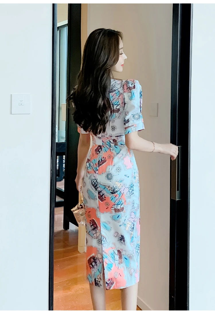 

Sexy V Collar Floral Print Split Pencil Dress Women 2021 Summer Stylish Boho Bodycon Slim Sheath Tunic Vestidos Bottoing Dresses