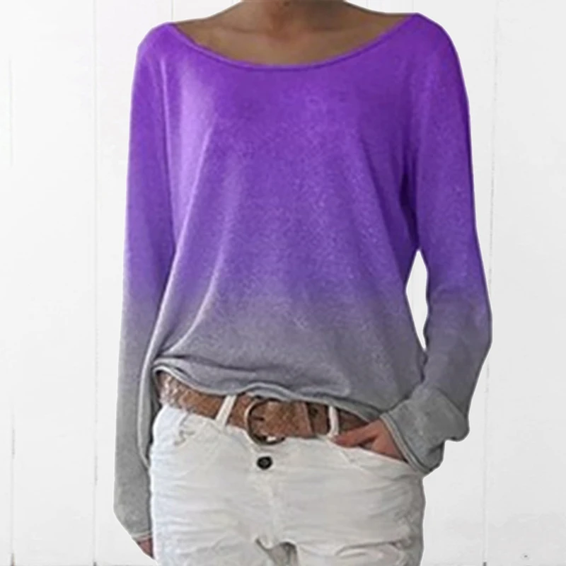 Женские блузки градиентного цвета с круглым вырезом и длинным рукавом женские