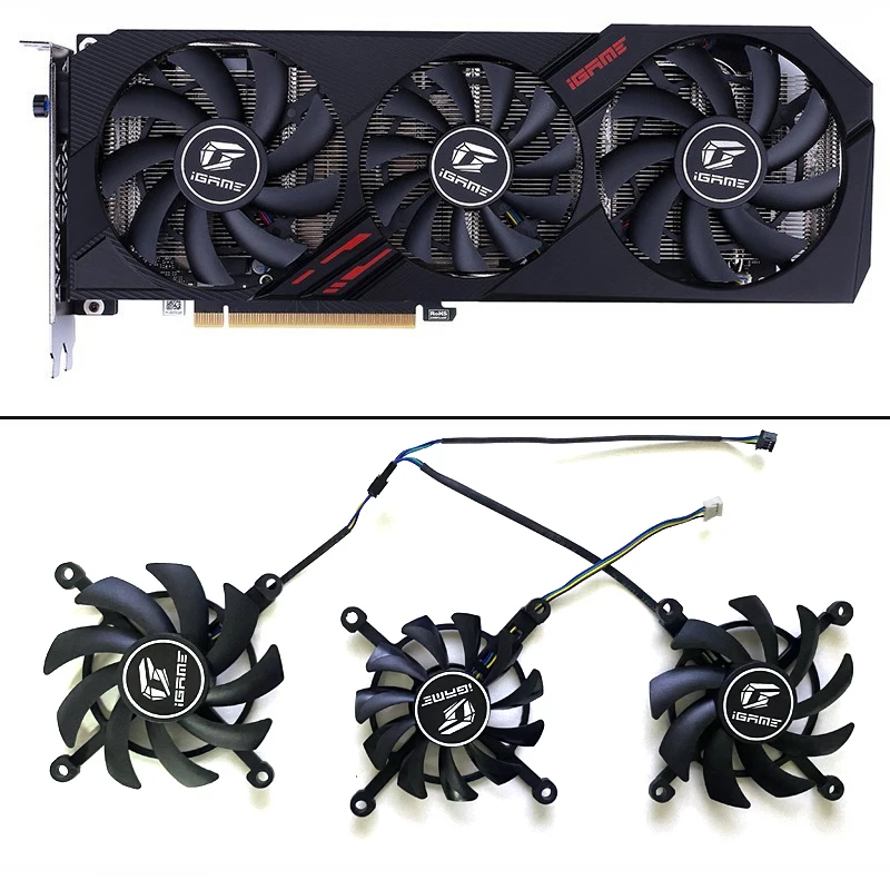 

Вентилятор для графической карты iGame RTX 2060, 3 шт., 85 мм, 75 мм, 4 контакта, для цветных графических карт GTX 1660 RTX 2060 ultra oc, сменные вентиляторы для ох...