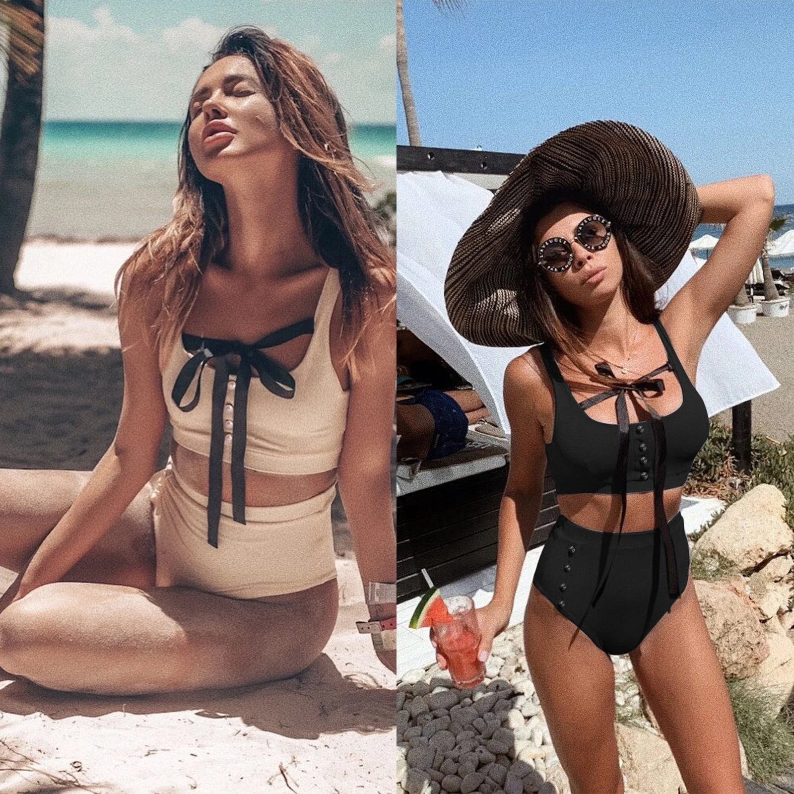 

2021 Women High Waist Bikini Set Beach Swimsuit Summer Padded Bras Tank Top+ Swim Panties Biquini Sexy Button Up Bathing Suit