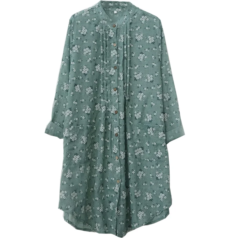 

Korean summer new women floral loose mid-length large size cardigan stand-up collar long-sleeved casual cotton linen shirt s541