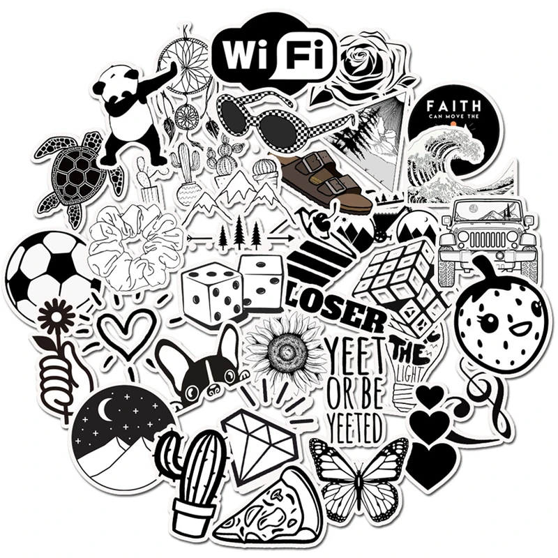 

10/30/50 pcs New Black And White Graffiti Cartoon Anime Stickers Waterproof DIY Decals Laptop Suitcase Luggage Car Stickers Toys