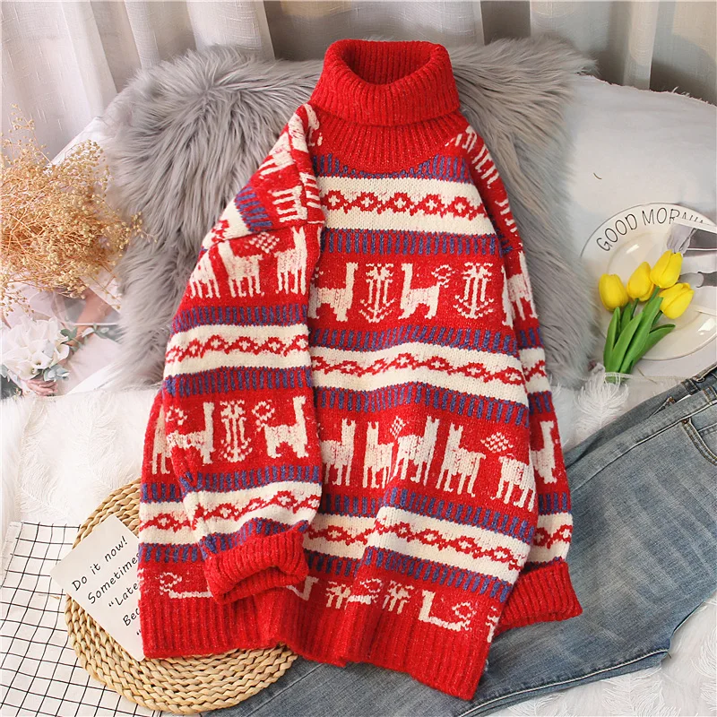 

EBAIHUI Women's Turtleneck Sweater Christmas Deer Print Loose Warm Knitted Pullover 2021 Winter Festival Outerwear Female Jumper