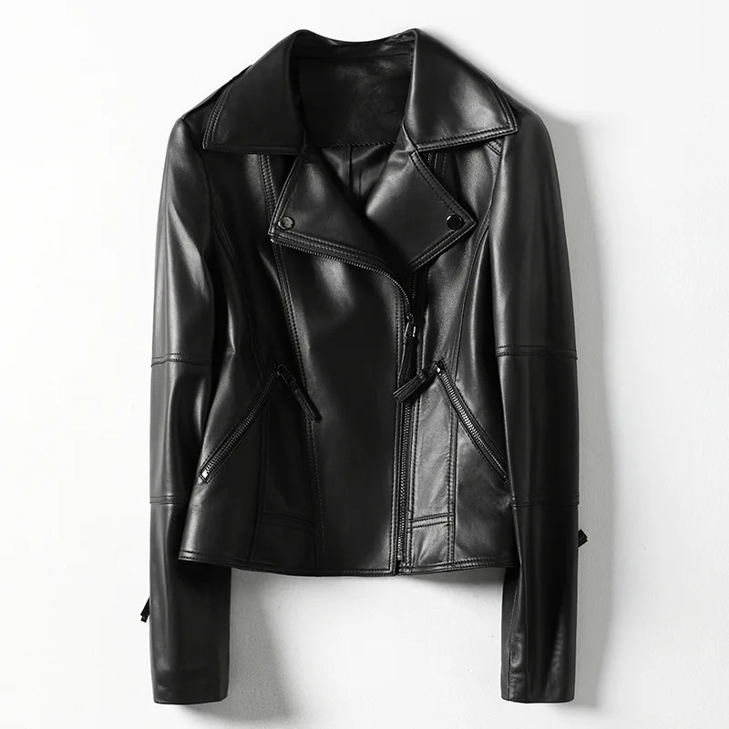 

Women Genuine Leather Turn Down Motorcycle Jacket Zipper Sheepskin Short Coats Autumn 2020 New Punk Clothes Size M L XL XXL