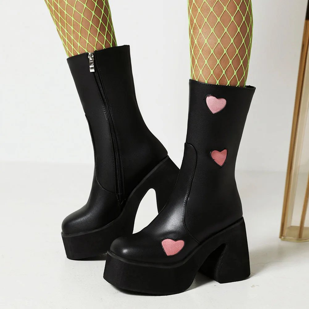 

LapoLaka Brand Design Heart-Shaped Female Booties Square Heel Round Toe Zip Super High Heel Platform Mid-Calf Women Boots