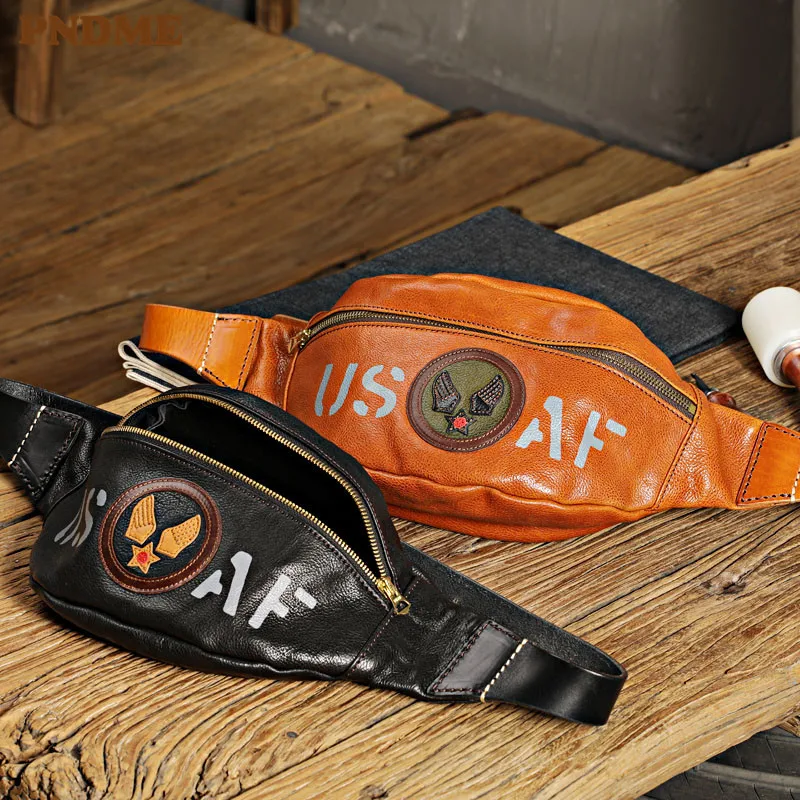 PNDME vintage designer natural genuine leather men's waist packs fashion high-quality cowhide chest bag motorcycle messenger bag