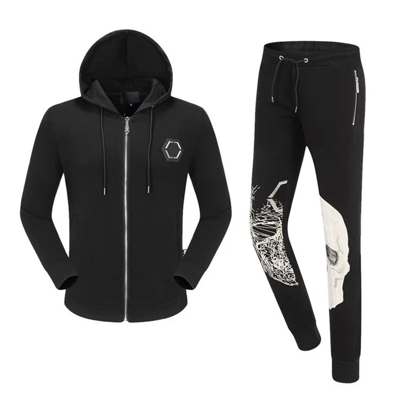 

Skull PP Autumn/Winter Men Cotton 2-Piece Hooded Sweatshirt And Pants Sportswear Set Zip Plein Hoodie Clothes Trajes de hombre
