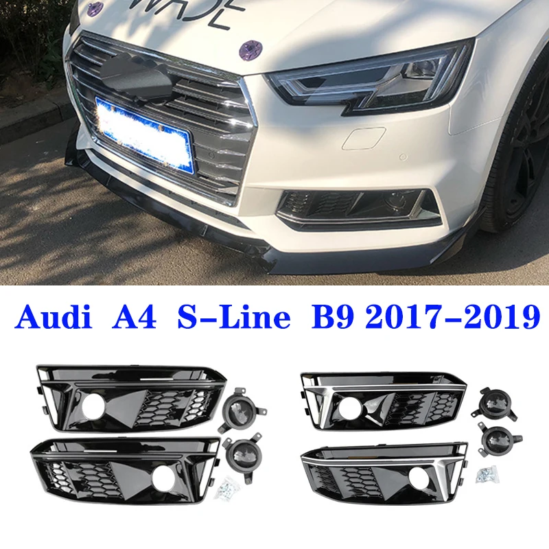 

1 Pair Front Bumper Lower Side Fog Light Grilles Fog Lamp Covers for Audi A4 S-Line B9 2017-2019 Silver Black