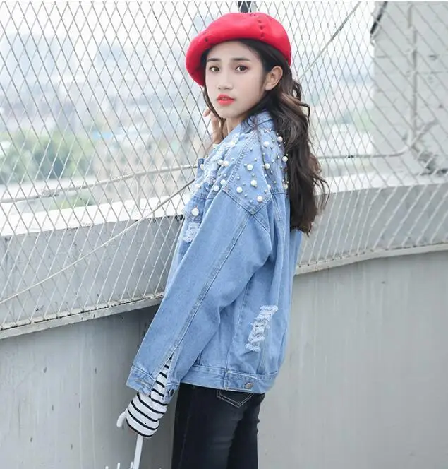 Nieuwe herfst meisjes losse denim jas BF wind korte jasje studenten джинсовая куртка топы kralen|Женские куртки| |
