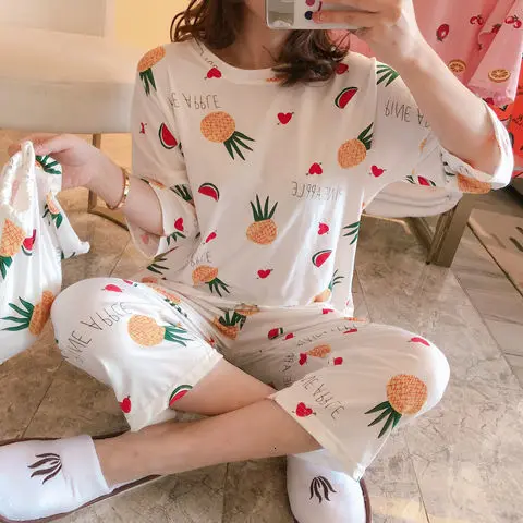 Pajamas suit Осенне-зимний пижамный комплект для женщин, полосатый хлопковый Длинный топ, длинные штаны, комплект из 2 предметов, пижамный комплект для женщин, милая одежда для сна, пижама для девочек - Color: Pajamas suit