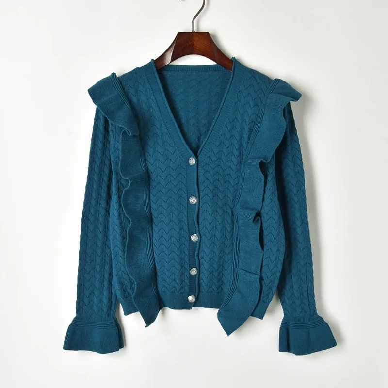 Женский трикотажный кардиган с оборками однобортный ажурный в стиле ретро