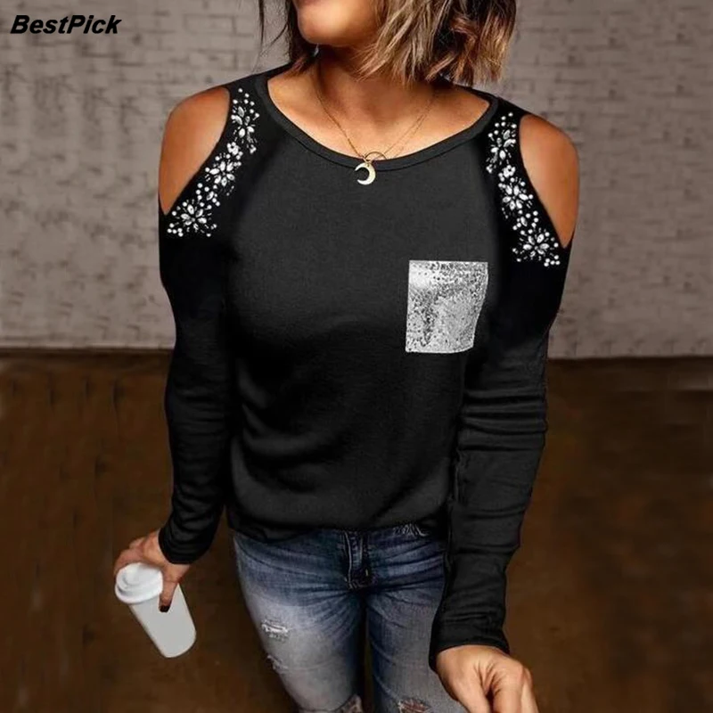 

2021 Sexy Women Rhinestone Tops O Neck Ladies T-shirt Solid Black Woman Tee Shirt Long Sleeve Slim Fit Female Tops