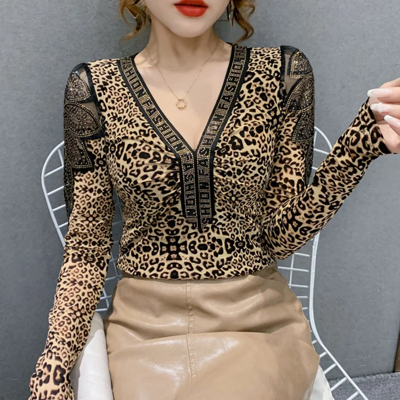 

2021 Spring Lace Mesh Tops Fashion Casual Sexy V-Neck Long Sleeve Woman's T-Shirt Plus Size Women clothing