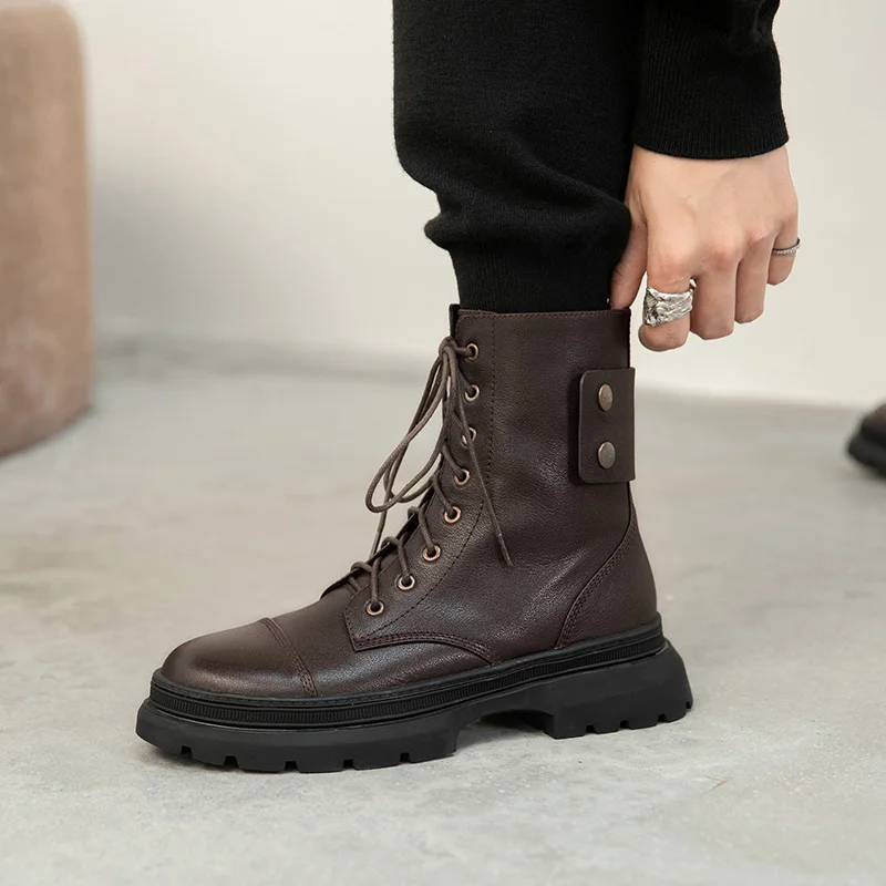 Online Sepatu Bot Martin Kulit Sapi Asli Sepatu Bot Pendek Bersol Tebal Sepatu Bot Pergelangan Kaki Datar Ritsleting Samping Gaya Inggris