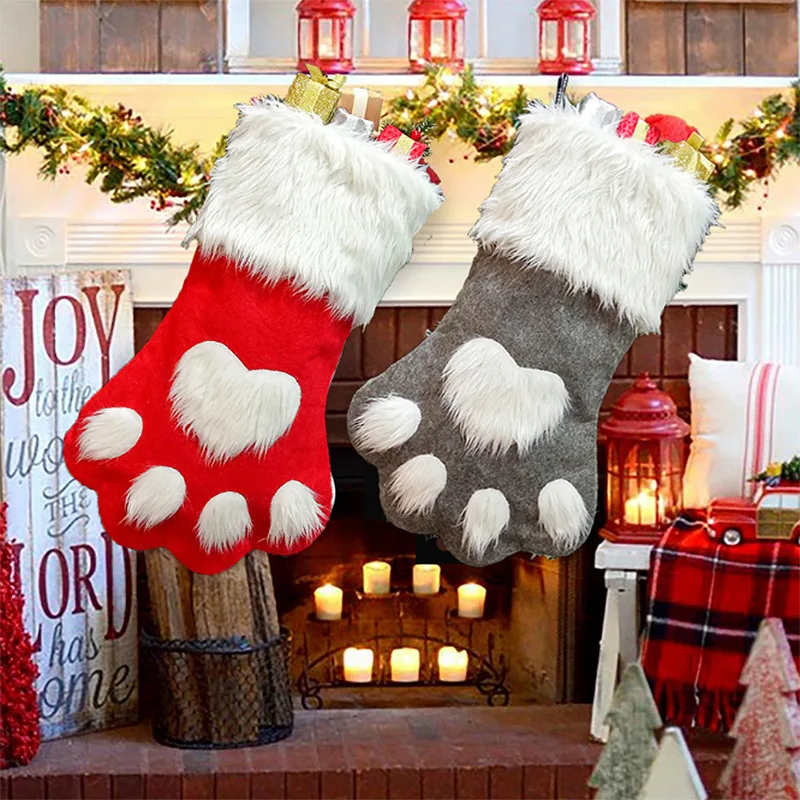 

Christmas Stockings Home Decoration Accessories Plaid Christmas Gift Bags Pet Dog Cat Paw Stocking Socks Xmas Tree Ornaments