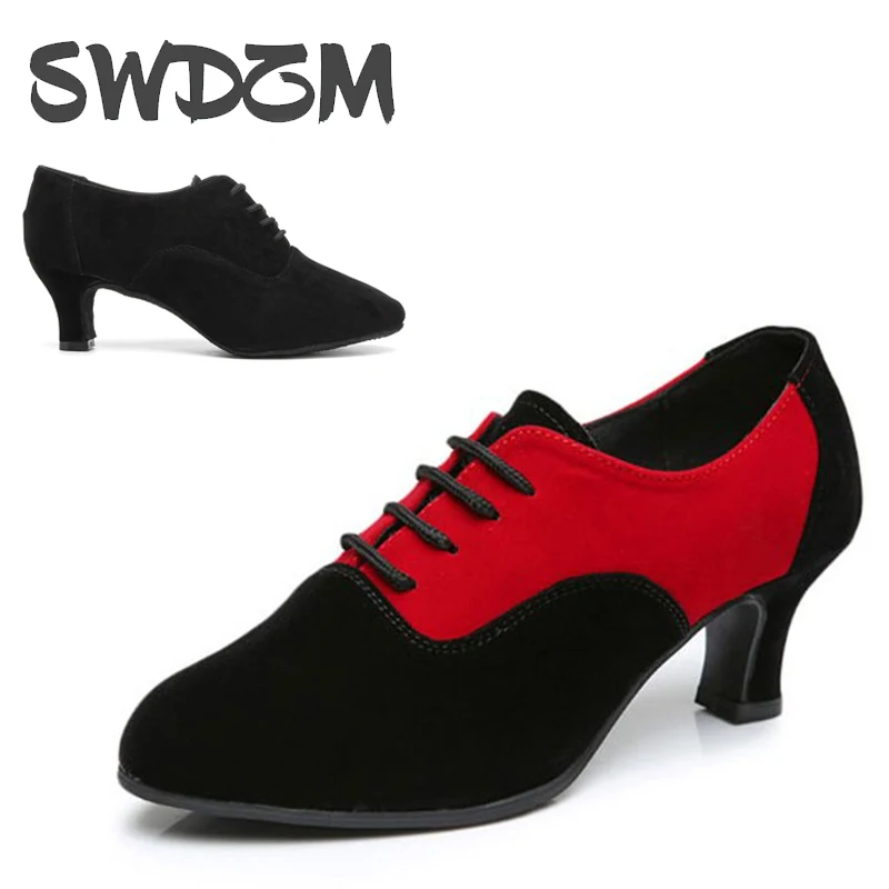 SWDZM New Women's Latin Dance Shoes Middle Heel Soft Rubber Sole Modern Ballroom Tango Dance shoes Canvas Dance shoes Outdoor