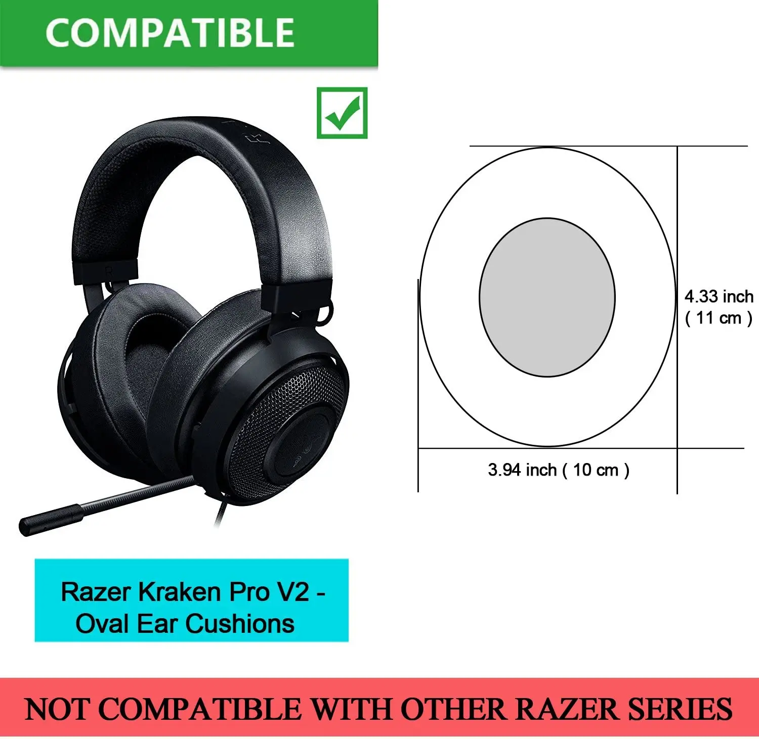 

Replacement Memory Foam Ear Cushion Kit Pad Cover for Razer Kraken Pro V2 - Oval Ear Headphone ONLY Oval (Black)