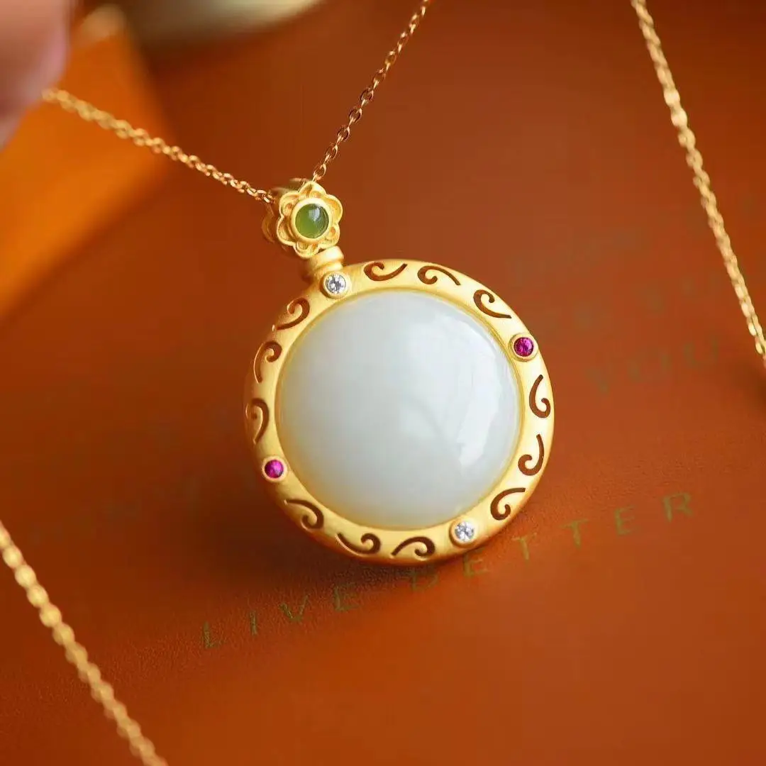 

Natural Hetian Jade Safety Buckle Pendant Female Jade Ethnic Style Necklace Retro Personality Safety Buckle Hollow Pendant Femal