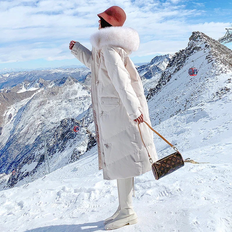 

off-Season down Jacket Women's New Winter Mid-Length Big Fur Collar Korean Style Overknee White Duck down Popular Clearance