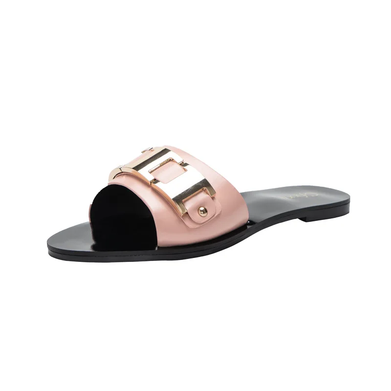 

2021 New Women's Slippers Fashionable Metal Buckle Exquisite PU Vamp for Female Outdoor Beach Summer Shoes For Women sandals