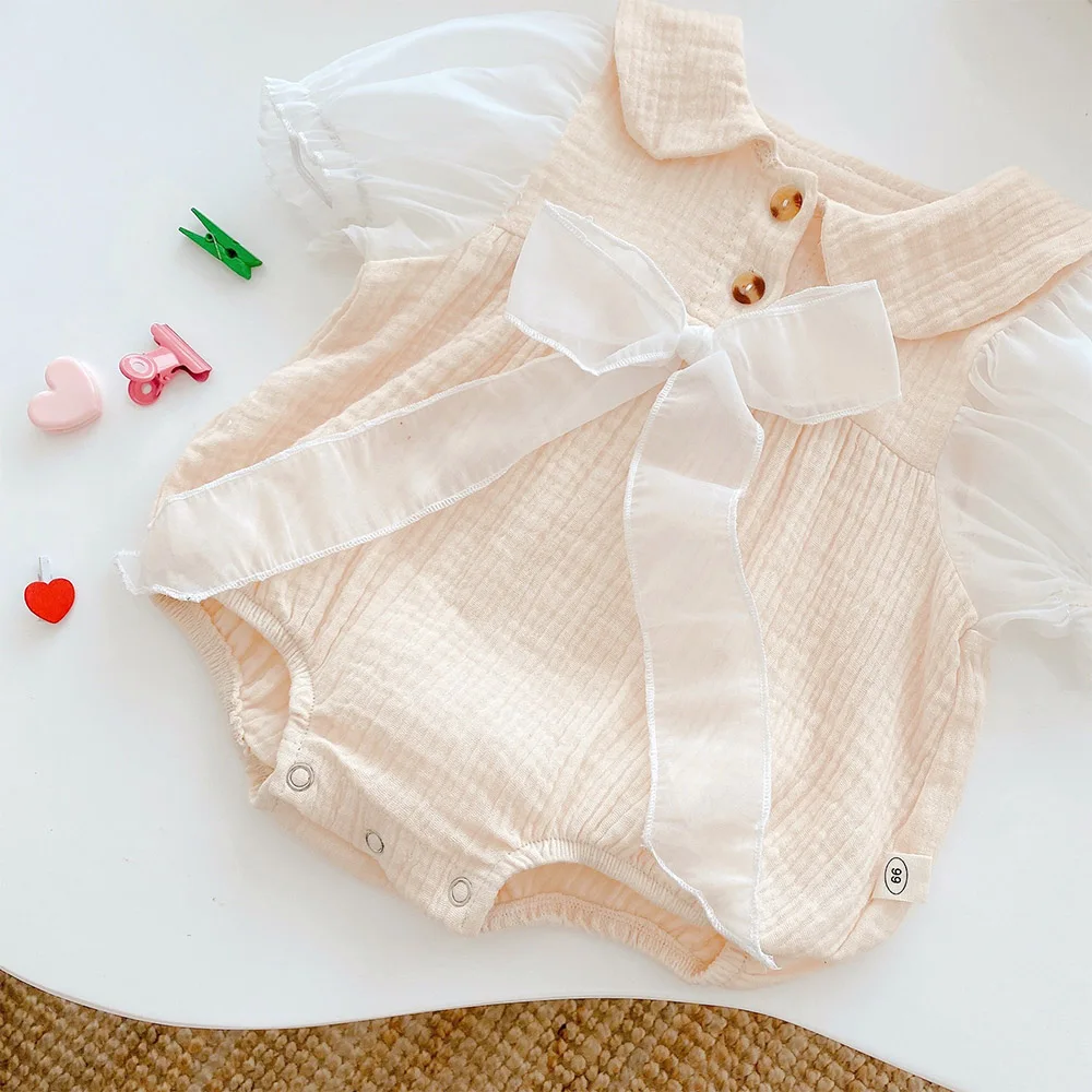 

Baby Girl Bodysuit Cotton Peter Pan Collar Solid Color Newborn Onesies With Big Bow New Summer Infant Clothes