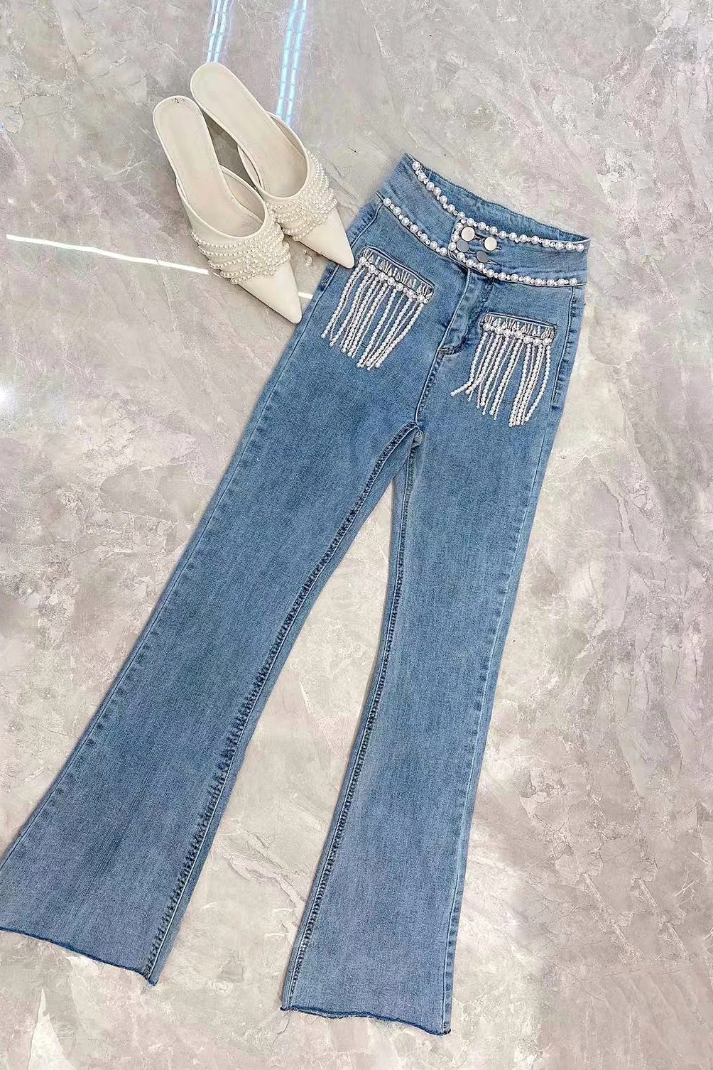 

Fashion Style Denim Jeans Women's Clothing Embroidered Flares Tassel High Waist Slimming Straight Pants Trousers 2021 Spring