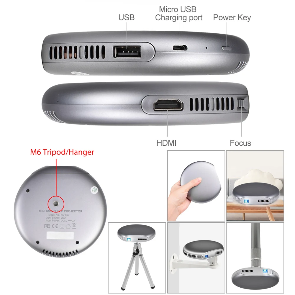 Мини проектор Rigal RD607 DLP 200 Ansi Lumen Android 7 1 WiFi Карманный видеопроектор Pico с поддержкой