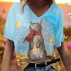Размера плюс футболки в стиле Харадзюку с принтом кота, v-образный вырез, короткий рукав, повседневный Топ, пуловер, женская летняя футболка женская