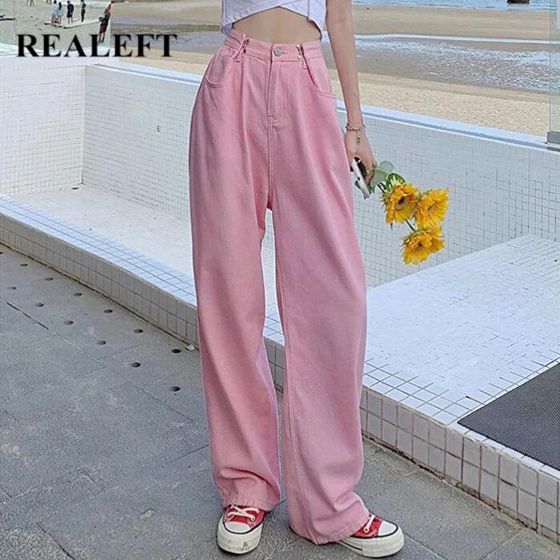 

REALEFT Autumn 2021 New Street High Waist Pink Women's Jean Pants Buttons Full Length Denim Wide Leg Pant Chic Trouses Ladies