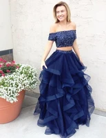 blue prom dress a line off the shoulder tulle beaded ruffles two pieces long prom gown evening dresses robe de soiree